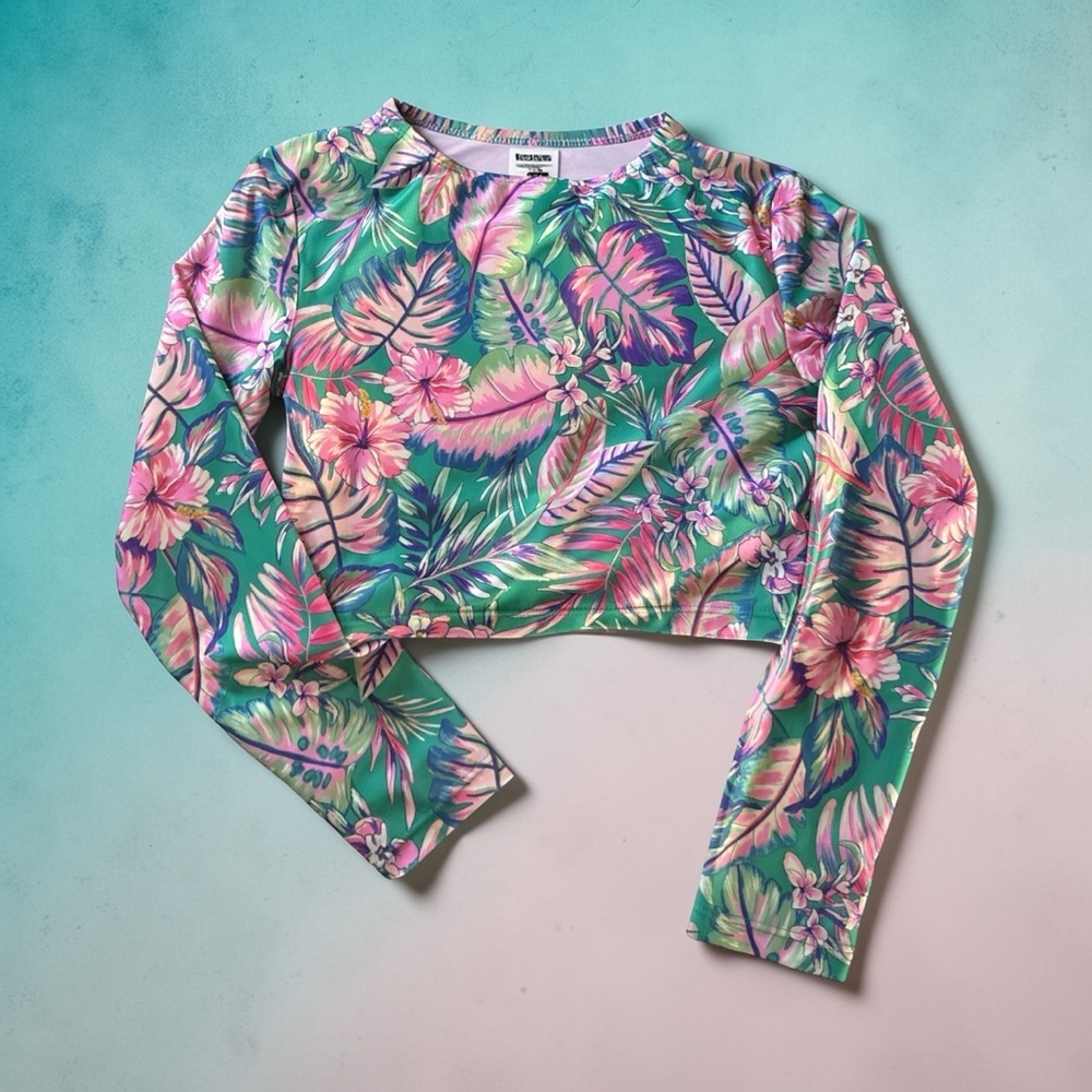 Art Class Tropical Floral Crop Swim Top - Green & Pink. Size S 6/7